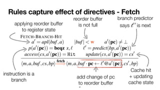 Rules capture effect of directives - Fetch
61
nents
reted
s) 2
ad-
miss
state
that
ocks
ction
edic-
been
ictor
For each directive, i.e., fetch,execute i, and retire, we
sketch below the rules that govern the definition of the
auxiliary relations
fetch
=
=
),
execute i
=
=
=
=
=
), and
retire
=
=
=
).
1) Fetch: Instructions are fetched in-order. Here we present
selected rules modeling instruction fetch:
FETCH-BRANCH-HIT
a0
= apl(buf,a) |buf| < w a0
(pc) 6= ?
p(a0
(pc)) = beqz x,` `0
= predict(bp,a0
(pc))
access(cs,a0
(pc)) = Hit update(cs,a0
(pc)) = cs0
hm,a,buf,cs,bpi
fetch
=
=
)hm,a,buf ·pc `0
@a0
(pc),cs0
,bpi
FETCH-MISS
|buf| < w a0
= apl(buf,a) a0
(pc) 6= ?
access(cs,a0
(pc)) = Miss update(cs,a0
(pc)) = cs0
instruction is a
 
branch
instruction is a
 
branch
applying reorder buffer
 
to register state
reorder buffer
 
is not full
branch predictor
 
says is next
ℓ′
￼
Cache hit
 
+ updating
 
cache state
add change of pc
to reorder buffer
 