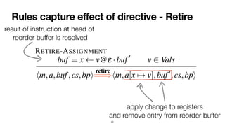 Rules capture effect of directive - Retire
62
retiring only commands i@T at the head of the reorder buffer
where the instruction i has been resolved, and the tag T is e
indicating that there are no unresolved predictions. Selected
rules for the retire directive are given below:
RETIRE-ASSIGNMENT
buf = x v@e ·buf0
v 2 Vals
hm,a,buf,cs,bpi
retire
=
=
=
)hm,a[x 7! v],buf0
,cs,bpi
RETIRE-STORE
buf = store v,n@e ·buf0
v,n 2 Vals update(cs,n) = cs0
retire 0 0
result of instruction at head of
 
reorder buffer is resolved
apply change to registers
 
and remove entry from reorder buffer
 