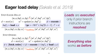 Eager load delay [Sakalis et al. 2019]
63
hm,a,buf,cs,bpi=
)hm ,a ,buf ,cs ,bp i
d = next(sc) sc0
= update(sc,buf0
#)
d 2 {fetch,retire}_(d = execute i^buf|i 6= load x,e)
hm,a,buf,cs,bp,sci)loadDelayhm0
,a0
,buf0
,cs0
,bp0
,sc0
i
STEP-EAGER-DELAY
hm,a,buf,cs,bpi
d
=
)hm0
,a0
,buf0
,cs0
,bp0
i
d = next(sc) sc0
= update(sc,buf0
#) d = execute i
buf|i = load x,e 8pc `@`0
2 buf[0..i 1]. `0
= e
hm,a,buf,cs,bp,sci)loadDelayhm0
,a0
,buf0
,cs0
,bp0
,sc0
i
and to selectively delay instruction
tion. While these proposals slight
are labelled and on the effects of
the same building blocks and pro
For this reason, we start by
the Speculative Taint Tracking (S
Data Access (NDA) [4] counterm
a general extension to the hardwa
for supporting taint-tracking schem
izing a countermeasure inspired
security guarantees, and we conc
Loads are executed
only if prior branch
instructions are
resolved
sure. This countermeasure consists in delaying loads until all
sources of mis-speculation have been resolved. We remark that
the hardware semantics of Section V supports speculation only
over branch instructions. Therefore, we model the loadDelay
countermeasure by preventing loads whenever there are pre-
ceding, unresolved branch instructions in the reorder buffer.
Using the terminology of [3], loads are delayed as long as
they are under a so-called control-shadow.
We formalize the loadDelay countermeasure by modifying
the STEP rule of the hardware semantics as follows (changes
are highlighted in blue):
STEP-OTHERS
hm,a,buf,cs,bpi
d
=
)hm0
,a0
,buf0
,cs0
,bp0
i
d = next(sc) sc0
= update(sc,buf0
#)
d 2 {fetch,retire}_(d = execute i^buf|i 6= load x,e)
hm,a,buf,cs,bp,sci)loadDelayhm0
,a0
,buf0
,cs0
,bp0
,sc0
i
STEP-EAGER-DELAY
cution, and in addition, the progr
speculative execution. This new
countermeasure, leading to Theor
Theorem 3. {
|·|
}loadDelay ` J·Kseq
ct-p
As the control flow during spe
depend upon data previously lo
security of the countermeasure can
Theorem 4. {
|·|
}loadDelay ` J·K
seq
arc
C. tt: Taint tracking of speculativ
Recent work [4], [5] propose to
and to selectively delay instruction
tion. While these proposals slight
are labelled and on the effects of
the same building blocks and pro
For this reason, we start by
the Speculative Taint Tracking (S
Everything else
works as before
 