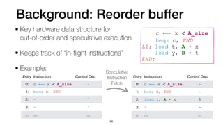 Background: Reorder buffer
• Key hardware data structure for
 
out-of-order and speculative execution
• Keeps track of “in-
fl
ight instructions”
• Example:
66
Entry Instruction Control Dep.
0: c ⟵ x < A_size -
1: beqz c, END -
2: - -

3: - -

… … …
	
c ⟵ x < A_size


	
beqz c, END


L1: load t, A + x
	
 
load y, B + t


END:
Entry Instruction Control Dep.
0: c ⟵ x < A_size -
1: beqz c, END -
2: load t, A + x 1
3: - -
… … …
Speculative
 
Instruction


Fetch
 