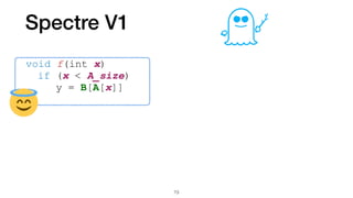 Spectre V1
void f(int x)


	
if (x < A_size)


	
	
y = B[A[x]]
73
 