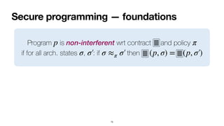 Secure programming — foundations
75
Program is non-interferent wrt contract and policy
 
if for all arch. states , : if then
p π
σ σ′
￼
σ ≈π σ′
￼
(p, σ) = (p, σ′
￼
)
 