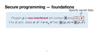 Secure programming — foundations
75
Program is non-interferent wrt contract and policy
 
if for all arch. states , : if then
p π
σ σ′
￼
σ ≈π σ′
￼
(p, σ) = (p, σ′
￼
)
Specify secret data
 