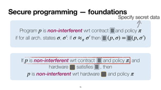 Secure programming — foundations
75
Program is non-interferent wrt contract and policy
 
if for all arch. states , : if then
p π
σ σ′
￼
σ ≈π σ′
￼
(p, σ) = (p, σ′
￼
)
If is non-interferent wrt contract and policy , and
hardware satis
fi
es , then
 
is non-interferent wrt hardware and policy
 
p π
p π
Specify secret data
 