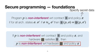 Secure programming — foundations
75
Program is non-interferent wrt contract and policy
 
if for all arch. states , : if then
p π
σ σ′
￼
σ ≈π σ′
￼
(p, σ) = (p, σ′
￼
)
If is non-interferent wrt contract and policy , and
hardware satis
fi
es , then
 
is non-interferent wrt hardware and policy
 
p π
p π
Specify secret data
 
