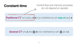 Constant-time
76
Traditional CT wrt policy non-interference wrt seq-ct and
π ≡ π
General CT wrt and non-interference wrt and
π ≡ π
Control-
fl
ow and memory accesses
 
do not depend on secrets
 