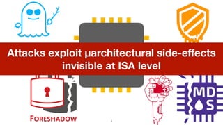 4
Attacks exploit μarchitectural side-e
ff
ects  
invisible at ISA level
 