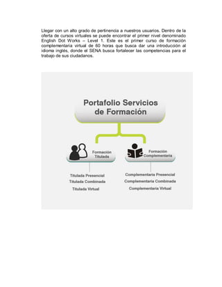 Llegar con un alto grado de pertinencia a nuestros usuarios. Dentro de la
oferta de cursos virtuales se puede encontrar el primer nivel denominado
English Dot Works – Level 1. Este es el primer curso de formación
complementaria virtual de 60 horas que busca dar una introducción al
idioma inglés, donde el SENA busca fortalecer las competencias para el
trabajo de sus ciudadanos.
 