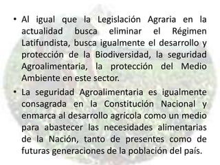 Al igual que la Legislación Agraria en la actualidad busca eliminar el Régimen Latifundista, busca igualmente el desarrollo y protección de la Biodiversidad, la seguridad Agroalimentaria, la protección del Medio Ambiente en este sector. La seguridad Agroalimentaria es igualmente consagrada en la Constitución Nacional y enmarca al desarrollo agrícola como un medio para abastecer las necesidades alimentarias de la Nación, tanto de presentes como de  futuras generaciones de la población del país.   