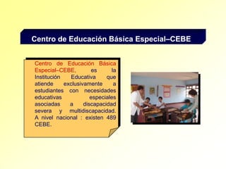 Centro de Educación Básica Especial–CEBECentro de Educación Básica Especial–CEBE, es la Institución Educativa que atiende exclusivamente a estudiantes con necesidades educativas especiales asociadas a discapacidad severa y multidiscapacidad. A nivel nacional : existen 489 CEBE.
