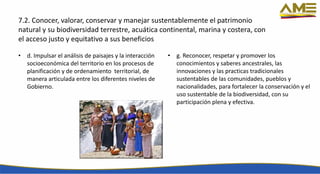 7.2. Conocer, valorar, conservar y manejar sustentablemente el patrimonio
natural y su biodiversidad terrestre, acuática continental, marina y costera, con
el acceso justo y equitativo a sus beneficios
• d. Impulsar el análisis de paisajes y la interacción
socioeconómica del territorio en los procesos de
planificación y de ordenamiento territorial, de
manera articulada entre los diferentes niveles de
Gobierno.
• g. Reconocer, respetar y promover los
conocimientos y saberes ancestrales, las
innovaciones y las practicas tradicionales
sustentables de las comunidades, pueblos y
nacionalidades, para fortalecer la conservación y el
uso sustentable de la biodiversidad, con su
participación plena y efectiva.
 