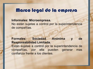 Marco legal de la empresa
Informales: Microempresa.
No están sujetas a control por la superintendencia
de compañías.


For...