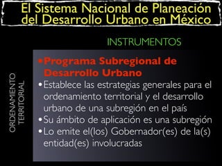El Sistema Nacional de Planeación
del Desarrollo Urbano en México
INSTRUMENTOS
ORDENAMIENTO
TERRITORIAL

•Programa Subregional de

Desarrollo Urbano
•Establece las estrategias generales para el
ordenamiento territorial y el desarrollo
urbano de una subregión en el país
•Su ámbito de aplicación es una subregión
•Lo emite el(los) Gobernador(es) de la(s)
entidad(es) involucradas

 