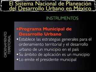El Sistema Nacional de Planeación
del Desarrollo Urbano en México

ORDENAMIENTO
TERRITORIAL

INSTRUMENTOS

•Programa Municipal de

Desarrollo Urbano
•Establece las estrategias generales para el
ordenamiento territorial y el desarrollo
urbano de un municipio en el país
•Su ámbito de aplicación es un municipio
•Lo emite el presidente municipal

 