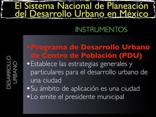 El Sistema Nacional de Planeación
del Desarrollo Urbano en México
INSTRUMENTOS

DESARROLLO
URBANO

•Programa de Desarrollo Urbano
de Centro de Población (PDU)
•Establece las estrategias generales y
particulares para el desarrollo urbano de
una ciudad
•Su ámbito de aplicación es una ciudad
•Lo emite el presidente municipal

 