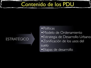 Contenido de los PDU

ESTRATÉGICO

•Políticas
•Modelo de Ordenamiento
•Estrategia de Desarrollo Urbano
•Zoniﬁcación de los usos del
suelo
•Etapas de desarrollo

 