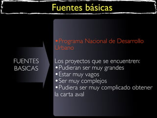 Fuentes básicas
•Programa Nacional de Desarrollo
Urbano
FUENTES
BASICAS

Los proyectos que se encuentren:
•Pudieran ser muy grandes
•Estar muy vagos
•Ser muy complejos
•Pudiera ser muy complicado obtener
la carta aval

 