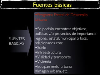 Fuentes básicas
•Programa Estatal de Desarrollo
Urbano

•Se podrán encontrar objetivos,
FUENTES
BASICAS

políticas y/o proyectos de importancia
regional, estatal, municipal o local,
relacionados con:
•Suelo
•Infraestructura
•Vialidad y transporte
•Vivienda
•Equipamiento urbano
•Imagen urbana, etc.

 