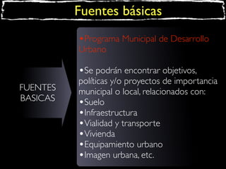 Fuentes básicas
•Programa Municipal de Desarrollo
Urbano

•Se podrán encontrar objetivos,
FUENTES
BASICAS

políticas y/o proyectos de importancia
municipal o local, relacionados con:
•Suelo
•Infraestructura
•Vialidad y transporte
•Vivienda
•Equipamiento urbano
•Imagen urbana, etc.

 