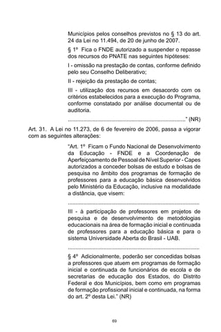 69
Municípios pelos conselhos previstos no § 13 do art.
24 da Lei no 11.494, de 20 de junho de 2007. 
§ 1º  Fica o FNDE autorizado a suspender o repasse
dos recursos do PNATE nas seguintes hipóteses: 
I - omissão na prestação de contas, conforme definido
pelo seu Conselho Deliberativo; 
II - rejeição da prestação de contas; 
III - utilização dos recursos em desacordo com os
critérios estabelecidos para a execução do Programa,
conforme constatado por análise documental ou de
auditoria.
............................................................................” (NR) 
Art. 31.  A Lei no 11.273, de 6 de fevereiro de 2006, passa a vigorar
com as seguintes alterações: 
“Art. 1º  Ficam o Fundo Nacional de Desenvolvimento
da Educação - FNDE e a Coordenação de
Aperfeiçoamento de Pessoal de Nível Superior - Capes
autorizados a conceder bolsas de estudo e bolsas de
pesquisa no âmbito dos programas de formação de
professores para a educação básica desenvolvidos
pelo Ministério da Educação, inclusive na modalidade
a distância, que visem:
..................................................................................... 
III - à participação de professores em projetos de
pesquisa e de desenvolvimento de metodologias
educacionais na área de formação inicial e continuada
de professores para a educação básica e para o
sistema Universidade Aberta do Brasil - UAB.
.....................................................................................
§ 4º  Adicionalmente, poderão ser concedidas bolsas
a professores que atuem em programas de formação
inicial e continuada de funcionários de escola e de
secretarias de educação dos Estados, do Distrito
Federal e dos Municípios, bem como em programas
de formação profissional inicial e continuada, na forma
do art. 2º desta Lei.” (NR) 
 