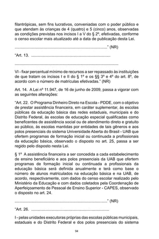 94
filantrópicas, sem fins lucrativos, conveniadas com o poder público e
que atendam às crianças de 4 (quatro) e 5 (cinco) anos, observadas
as condições previstas nos incisos I a V do § 2º, efetivadas, conforme
o censo escolar mais atualizado até a data de publicação desta Lei.
...................................................................................” (NR)
“Art. 13. .......................................................................
.............................................................................................
VI - fixar percentual mínimo de recursos a ser repassado às instituições
de que tratam os incisos I e II do § 1º e os §§ 3º e 4º do art. 8º, de
acordo com o número de matrículas efetivadas.” (NR)
Art. 14. A Lei nº 11.947, de 16 de junho de 2009, passa a vigorar com
as seguintes alterações:
“Art. 22. O Programa Dinheiro Direto na Escola - PDDE, com o objetivo
de prestar assistência financeira, em caráter suplementar, às escolas
públicas da educação básica das redes estaduais, municipais e do
Distrito Federal, às escolas de educação especial qualificadas como
beneficentes de assistência social ou de atendimento direto e gratuito
ao público, às escolas mantidas por entidades de tais gêneros e aos
polos presenciais do sistema Universidade Aberta do Brasil - UAB que
ofertem programas de formação inicial ou continuada a profissionais
da educação básica, observado o disposto no art. 25, passa a ser
regido pelo disposto nesta Lei.
§ 1º A assistência financeira a ser concedida a cada estabelecimento
de ensino beneficiário e aos polos presenciais da UAB que ofertem
programas de formação inicial ou continuada a profissionais da
educação básica será definida anualmente e terá como base o
número de alunos matriculados na educação básica e na UAB, de
acordo, respectivamente, com dados do censo escolar realizado pelo
Ministério da Educação e com dados coletados pela Coordenação de
Aperfeiçoamento de Pessoal de Ensino Superior - CAPES, observado
o disposto no art. 24.
...................................................................................” (NR)
“Art. 26. ......................................................................
I - pelas unidades executoras próprias das escolas públicas municipais,
estaduais e do Distrito Federal e dos polos presenciais do sistema
 