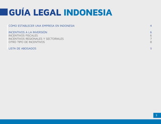 2
GUÍA LEGAL INDONESIA
CÓMO ESTABLECER UNA EMPRESA EN INDONESIA
INCENTIVOS A LA INVERSIÓN
INCENTIVOS FISCALES
INCENTIVOS REGIONALES Y SECTORIALES
OTRO TIPO DE INCENTIVOS
LISTA DE ABOGADOS
4
6
6
7
8
9
 