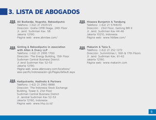 9
3. LISTA DE ABOGADOS
Ginting & Reksodiputro in association
with Allen & Overy LLP
Teléfono: (+62) 21 2995 1700
Dirección: The Energy Building, 15th Floor
Sudirman Central Business District.
Jl Jend Sudirman Kav 52-53
Jakarta 12190.
Página web: www.allenovery.com/locations/
asia-pacific/indonesia/en-gb/Pages/default.aspx
Hiswara Bunjamin & Tandjung
Teléfono: (+62) 21 5744010
Dirección: 23rd Floor, Gedung BRI II
Jl. Jend. Sudirman Kav 44-46
Jakarta 10210, Indonesia.
Página web: www.hbtlaw.com/
Ali Budiardjo, Nugroho, Reksodiputro
Teléfono: (+62) 21 2505125
Dirección: Graha CIMB Niaga, 24th Floor
Jl. Jend. Sudirman Kav. 58
Jakarta 12190.
Página web: www.abnrlaw.com/
Hadiputranto, Hadinoto & Partners
Teléfono: (+62) 21 2960 8888
Dirección: The Indonesia Stock Exchange
Building, Tower II, 21st Floor
Sudirman Central Business District
Jl. Jendral Sudirman Kav 52-53
Jakarta 12190, Indonesia.
Página web: www.hhp.co.id/
Makarim & Taira S.
Teléfono: (+62) 21 252 1272
Dirección: Summitmas I, 16th & 17th Floors
Jl. Jend. Sudirman Kav. 61-62
Jakarta 12190.
Página web: www.makarim.com
 