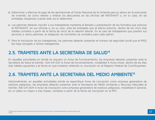 17
d.	Determinar y efectuar el pago de las aportaciones al Fondo Nacional de la Vivienda para su abono en la subcuenta
de vivienda, así como retener y enterar los descuentos en las oficinas del INFONAVIT o, en su caso, en las
entidades receptoras cuando éste así lo determine.
e.	Los patrones deberán inscribir a sus trabajadores mediante el llenado y presentación de los formatos que autorice
el INFONAVIT, en sus oficinas o, en su caso, ante las entidades que al efecto autorice, dentro de los cinco días
hábiles contados a partir de la fecha de inicio de la relación laboral. En el caso de trabajadores que presten sus
servicios a varios patrones, la obligación de inscribirlos se considera para cada patrón.
f.	 Para la inscripción de los trabajadores, los patrones deberán presentar el número de seguridad social que el IMSS
les haya otorgado a dichos trabajadores.
En aquellas actividades en donde se requiera un Aviso de funcionamiento, las empresas deberán presentar ante la
Secretaría de Salud el trámite: SSA-04-001-A Aviso de funcionamiento, modalidad A Aviso inicial, dentro de los diez
días hábiles siguientes a la fecha en que hubieran obtenido su inscripción en el Registro Federal de Contribuyentes.
Adicionalmente, en aquellas actividades donde se especifique Aviso de inscripción como empresa generadora de
residuos peligrosos, las empresas deberán presentar ante la Secretaría de Medio Ambiente y Recursos Naturales el
trámite: INE-04-004-A Aviso de inscripción como empresa generadora de residuos peligrosos, modalidad A General,
en un plazo no mayor a tres meses, contados a partir de la fecha de inscripción en el RFC.
2.5. TRÁMITES ANTE LA SECRETARIA DE SALUD14
2.6. TRÁMITES ANTE LA SECRETARIA DEL MEDIO AMBIENTE15
14
Información tomada de http://www.promexico.gob.mx/es/mx/pasos-invertir-mexico#collapseThree en visita de abril de 2015.
15
Ídem.
 
