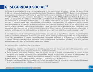 33
6. SEGURIDAD SOCIAL26
En México, la seguridad social recae casi completamente en dos instituciones: el Instituto Mexicano del Seguro Social
(IMSS) y el Instituto de Seguridad y Servicios Sociales de los Trabajadores del Estado (ISSSTE). Existen otras instituciones
que proporcionan algunos beneficios de la seguridad social, como el Instituto de Seguridad Social de las Fuerzas
Armadas (ISSFAM), Petróleos Mexicanos (Pemex), Luz y Fuerza del Centro (LFC) y la Comisión Federal de Electricidad
(CFE). Los trabajadores de Pemex no cotizan al IMSS, pues tienen un plan de pensiones independiente, mientras que
los trabajadores de la banca de desarrollo, CFE y LFC sí cotizan, pero cuentan con un plan complementario al de ese
Instituto. El gobierno federal hace contribuciones para proveer a los trabajadores y sus beneficiarios de la cobertura
de la seguridad social. En el IMSS, el gobierno contribuye con una cuota establecida en la Ley del Seguro Social a los
seguros de enfermedades y maternidad y al de invalidez y vida. Asimismo, aporta al seguro de retiro, cesantía en edad
avanzada y vejez, recursos que se destinan directamente a las Afores. Además de estas aportaciones estatutarias, el
gobierno contribuye con una cuota social que se destina al seguro de retiro, cesantía en edad avanzada y vejez27
.
El Seguro Social cubre las contingencias y proporciona los servicios que se especifican a propósito de cada régimen
particular, mediante prestaciones en especie y en dinero, en las formas y condiciones previstas por la Ley del Seguro
Social y sus reglamentos. El Seguro Social comprende: el régimen obligatorio, y el régimen voluntario. El régimen
obligatorio comprende los seguros de: riesgos de trabajo; enfermedades y maternidad; invalidez y vida; retiro, cesantía
en edad avanzada y vejez, y guarderías y prestaciones sociales.
Los patrones están obligados, entre otras cosas, a:
I.	 Registrarse e inscribir a sus trabajadores en el Instituto, comunicar sus altas y bajas, las modificaciones de su salario
y los demás datos, dentro de plazos no mayores de cinco días hábiles.
II.	Llevar registros, tales como nóminas y listas de raya en las que se asiente invariablemente el número de días
trabajados y los salarios percibidos por sus trabajadores, además de otros datos que exijan la presente Ley y sus
reglamentos. Es obligatorio conservar estos registros durante los cinco años siguientes al de su fecha.
III.	Determinar las cuotas obrero patronales a su cargo y enterar su importe al Instituto.
IV.	Proporcionar al Instituto los elementos necesarios para precisar la existencia, naturaleza y cuantía de las obligaciones
a su cargo establecidas por esta Ley y los reglamentos que correspondan.
26
Información tomada de http://www.diputados.gob.mx/LeyesBiblio/pdf/92.pdf en visita de abril de 2015.
27
Información tomada de http://www.diputados.gob.mx/LeyesBiblio/pdf/92.pdf en visita de abril de 2015
 