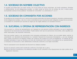 9
Es aquella que se compone de uno o varios socios quienes responden de manera subsidiaria, ilimitada y solidariamente,
de las obligaciones sociales, y de uno o varios comanditarios que únicamente están obligados al pago de sus acciones.
La sociedad en comandita por acciones se regirá por las reglas relativas a la sociedad anónima.
1.5. SOCIEDAD EN COMANDITA POR ACCIONES
Una sucursal (i.e. oficina de representación con ingresos) es una persona jurídica extranjera a la que la legislación
mexicana le ha reconocido esa personalidad. Puede realizar todo tipo de operaciones mercantiles, salvo aquéllas que
estén reservadas a las empresas mexicanas.
Para que puedan operar y ser reconocidas como empresas extranjeras en México, las sucursales deben solicitar la
autorización a la Secretaría de Economía (i.e. Comisión Nacional de Inversiones Extranjeras) y, una vez otorgada
esta, podrán inscribirse en el Registro Público de Comercio de la plaza en la que se establezcan. Al tratarse de una
sociedad extranjera, lo que se inscribe es el Acta de Constitución de la misma y los poderes de sus representantes.
La empresa se reconocerá si está válidamente constituida conforme a sus leyes nacionales.
Para la autorización de la Secretaría de Economía se deberá acreditar:
(i)	Que la persona jurídica está constituida conforme a las leyes de su país y
(ii)	Que la escritura constitutiva y los estatutos sociales no son contrarios a las disposiciones de orden público de la
legislación mexicana.
1.6. SUCURSAL U OFICINA DE REPRESENTACIÓN CON INGRESOS
Es aquella que existe bajo una razón social y en la que todos los socios responden, de modo subsidiario, ilimitada
y solidariamente, de las obligaciones sociales. La razón social se forma con el nombre de uno o varios socios
acompañado siempre de las palabras “Sociedad en Comandita” o su abreviatura “S. en C”.
1.4. SOCIEDAD EN NOMBRE COLECTIVO
 