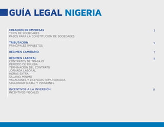 GUÍA LEGAL NIGERIA
CREACIÓN DE EMPRESAS
TIPOS DE SOCIEDADES
PASOS PARA LA CONSTITUCIÓN DE SOCIEDADES
TRIBUTACIÓN
PRINCIPALES IMPUESTOS
RÉGIMEN CAMBIARIO
RÉGIMEN LABORAL
CONTRATOS DE TRABAJO
PERIODO DE PRUEBA
TERMINACIÓN DEL CONTRATO
JORNADA LABORAL
HORAS EXTRA
SALARIO MÍNIMO
VACACIONES Y LICENCIAS REMUNERADAS
SEGURIDAD SOCIAL Y PENSIONES
INCENTIVOS A LA INVERSIÓN
INCENTIVOS FISCALES
3
5
7
8
11
 