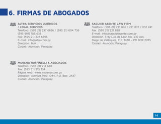 14
6. Firmas DE ABOGADOS
MORENO RUFFINELLI & ASOCIADOS
Teléfono: (595 21) 214 688
Fax: (595 21) 215 134
Página web: www.moreno.com.py
Dirección: Avenida Perú 1044, P.O. Box: 2437
Ciudad: Asunción, Paraguay.
SAGUIER ABENTE LAW FIRM
Teléfono: (595 21) 221 836 / 221 837 / 202 241
Fax: (595 21) 221 838
E-mail: info@saguierabente.com.py
Dirección: Fray Luis de Leon No. 239 esq.
Diego de Velázquez, C.P. 1438 – PO BOX 2785
Ciudad: Asunción, Paraguay.
ALTRA SERVICIOS JURÍDICOS
/ LEGAL SERVICES
Teléfono: (595 21) 237 6696 / (595 21) 604 736
(595 981) 105 633
Fax: (595 21) 237 6696
E-mail: info@altra.com.py
Dirección: N/A
Ciudad: Asunción, Paraguay.
 