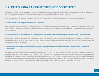5
1.2. PASOS PARA LA CONSTITUCIÓN DE SOCIEDADES
Paraguay cuenta con el Sistema SUAE, o ventanilla única para agilizar el proceso de registro de nuevas empresas,
en la que participan todas las entidades del Estado que intervienen en dicho proceso.
Una vez elevado el acto de constitución con sus respectivos estatutos ante Notario Público, se deberá:
a. Inscripción en el Registro Público de Comercio
El trámite de inscripción de la constitución de la sociedad en el Registro Público de Comercio se realiza a través de
una solicitud escrita al Juez de Primera Instancia en lo Civil y Comercial, quien expide la resolución de inscripción
de la sociedad.
b. Inscripción de la sociedad en el Ministerio de Hacienda para obtener el Registro Único de Contribuyente
Para esto, deberán llenarse los formularios 401 de Solicitud de Inscripción de Personas Jurídicas, firmados por
el responsable y el 416 de Ubicación de Domicilio, adjuntando la identificación de los socios y la Escritura de
Constitución de la Sociedad.
c. Obtención de Patente Comercial en la Municipalidad ante la Dirección General de Desarrollo Urbano de
Asunción.
Para este trámite debe completarse el Formulario No. 1 D.G.D.U. adjuntando constancia de los trámites anteriores,
identificación de la sociedad y su Escritura de Constitución, Constancia de no adeudar tributos municipales del
responsable de la actividad comercial, así como el formulario de constancia de autorización del propietario del local
para el uso de esa determinada actividad, la Patente profesional de Contador, los planos o diseño del local, indicando
el espacio a ser utilizado y el recibo de pago de Impuesto Inmobiliario y Tasas Especiales del local.
 