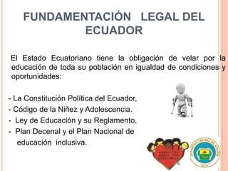 FUNDAMENTACIÓN LEGAL DEL
ECUADOR
El Estado Ecuatoriano tiene la obligación de velar por la
educación de toda su población en igualdad de condiciones y
oportunidades:
- La Constitución Política del Ecuador,
- Código de la Niñez y Adolescencia.
- Ley de Educación y su Reglamento,
- Plan Decenal y el Plan Nacional de
educación inclusiva.
 