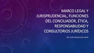 MARCO LEGAL Y
JURISPRUDENCIAL, FUNCIONES
DEL CONCILIADOR, ÉTICA,
RESPONSABILIDAD Y
CONSULTORIOS JURÍDICOS
MG. NUBY MOGOLLÓN ANAYA
 