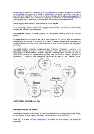 recursos en su resolución. La mejora de la competitividad de un sector económico, la calidad
de la educación, la mejora de la salud en población de riesgo, son ejemplos a nivel país o
provincia. Una importante renovación tecnológica, el cambio de la cultura organizacional, el
rediseño organizacional o el comercial, son ejemplos de problemas de distintas magnitudes en
una empresa, que se detectarán de acuerdo a los mecanismos que en ella funcionan.

Desde ese problema comienza efectivamente el diseño del SML.

En la metodología del BID, existen dos conjuntos de actividades y recursos que aportarán a la
solución: los proyectos y los programas.

Los proyectos tienden a un aporte concreto a la solución total. Es decir, aportan una solución
parcial.

Un programa está conformado por dos o más proyectos. Su función está en solucionar
integralmente el problema (o al menos, en la mayor globalidad posible). Los problemas muy
complejos pueden necesitar dos o más programas (y cada uno de ellos con sus respectivos
proyectos)

Comprobamos cómo funciona el enfoque sistémico. Se detecta y se estudia el problema en su
globalidad. En la luz arrojada, se analizan las distintas partes del problema. Se encaran sus
soluciones en un marco integral y en forma conjunta. En otras palabras, se estudia el todo, se
analizan sus partes como integrantes de ese todo y se estructura un conjunto armónico de
programas y proyectos que fusionados permitirían acceder a una solución global.




GRAFICO DEL DISEÑO DE UN SML




DIAGNOSTICO DEL PROBLEMA

Detectado el problema de desarrollo, el paso siguiente es realizar un amplio análisis del mismo,
en sus distintas facetas. Se está precisando y especificando la situación actual.

Para ello, se cuenta con dos herramientas: el análisis de involucrados y el análisis de
problemas.
 