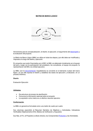 MATRIZ DE MARCO LOGICO




Herramienta para la conceptualización, el diseño, la ejecución, el seguimiento del desempeño y
la evaluación del proyecto.

La Matriz de Marco Lógico (MML) se utiliza en todas las etapas y por ello debe ser modificada y
mejorada a lo largo del diseño y ejecución.

En proyectos que serán financiados por el BID, la MML es elaborada inicialmente por el equipo
del país y luego con la participación del prestatario, los consultores, el equipo de proyecto, la
representación del BID y la entidad ejecutora

La MML (con la documentación respaldatoria) se convierte en el elemento nuclear del marco
lógico, ya que ella expresa el diseño y establece las bases de ejecución y evaluación, en un
proceso dinámico.

Diseño

Evaluación Ejecución




Utilidades

    •    Da estructura al proceso de planificación
    •    Comunica la información esencial sobre el proyecto
    •    La expresión como matriz es un efectivo resumen ejecutivo

Conformación

La MML en general es formulada como una matriz de cuatro por cuatro

Sus columnas expondrán el Resumen Narrativo de Objetivos y Actividades, Indicadores
Verificables Objetivamente (IVO), Medios de Verificación y Supuestos

Sus filas, el Fin, el Propósito (o efecto directo), los Componentes-Productos y las Actividades.
 