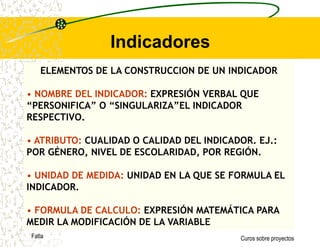 Objetivos del ProyectoComponentes  -¿Qué debe producir el proyecto? Estipula claramente los productos obtenidosSon los bienes y servicios que debe producir el ejecutor, de acuerdo con la ejecución del proyecto.Actividades -¿Cómo se producirán los componentes?Actividades principales que implican uso de recursos, que el ejecutor debe llevar a cabo para producir cada Componente.  Se colocan, para cada Componente, en orden cronológico.FatlaCuros sobre proyectos