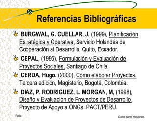 FIN:MEJORAR LOS INGRESOS Y EMPLEABILIDAD DE LAS PERSONAS POBRES Y DESEMPLEADAS DE 18-50 AÑOSPROPOSITO:CAPACITAR A PERSONAS POBRES Y DESEMPLEADASPARA SU INSERCION EN EL MERCADO DEL TRABAJOCOMPONENTES: 1. BENEFICIARIOS CON CICLO DE E.MEDIA COMPLETA 2. BENEFICIARIOS CAPACITADOS EN HABILIDADES EMPRENDEDORASACTIVIDADES: 1.1 SELECCIONAR COMUNAS Y BENEFICIARIOS DEL PROGRAMA 1.2 SELECCIONAR INSTITUCIONES EDUCATIVAS1.3 EJECUCION COMPONENTE 1.4 MONITOREO Y SUPERVISION EXPERTA DE EJECUCION1.5 EXAMINAR ALUMNOSPROGRAMA NIVELACION DE COMPETENCIAS LABORALESOBJETIVOSCuros sobre proyectosFatla