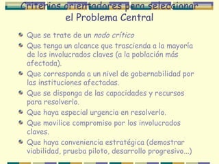 Criterios orientadores para seleccionar
el Problema Central
Que se trate de un nodo crítico
Que tenga un alcance que trascienda a la mayoría
de los involucrados claves (a la población más
afectada).
Que corresponda a un nivel de gobernabilidad por
las instituciones afectadas.
Que se disponga de las capacidades y recursos
para resolverlo.
Que haya especial urgencia en resolverlo.
Que movilice compromiso por los involucrados
claves.
Que haya conveniencia estratégica (demostrar
viabilidad, prueba piloto, desarrollo progresivo...)

 