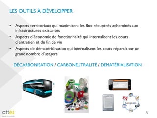 LES OUTILS À DÉVELOPPER
• Aspects territoriaux qui maximisent les flux récupérés acheminés aux
infrastructures existantes
• Aspects d’économie de fonctionnalité qui internalisent les couts
d’entretien et de fin de vie
• Aspects de dématérialisation qui internalisent les couts répartis sur un
grand nombre d’usagers
8
DÉCARBONISATION / CARBONEUTRALITÉ / DÉMATÉRIALISATION
 