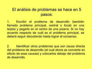 El análisis de problemas se hace en 5
pasos:
1. Escribir el problema de desarrollo (también
llamado problema principal, central o focal) en una
tarjeta y pegarlo en el centro de una pizarra. Si no hay
acuerdo respecto de cuál es el problema principal, se
deberá seguir discutiendo hasta lograr el consenso.
2. Identificar otros problemas que son causa directa
del problema de desarrollo (el cual ahora se convierte en
efecto de esas causas) y colocarlos debajo del problema
de desarrollo.
 