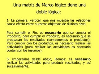 Una matriz de Marco lógico tiene una doble lógica:   1. La primera, vertical, que nos muestra las relaciones causa efecto entre nuestros objetivos de distinto nivel. Para cumplir el Fin, es  necesario  que se cumpla el Propósito; para cumplir el Propósito, es necesario que se produzcan los resultados (componentes o productos). Para cumplir con los productos, es necesario realizar las actividades (para realizar las actividades es necesario contar con los insumos).  Si empezamos desde abajo, leemos: es  necesario  realizar las actividades para producir resultados, y así sucesivamente. 