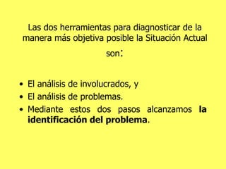 Las dos herramientas para diagnosticar de la manera más objetiva posible la Situación Actual son : El análisis de involucrados, y El análisis de problemas.  Mediante estos dos pasos alcanzamos  la identificación del problema . 