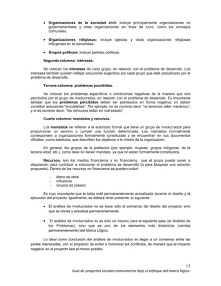 • Organizaciones de la sociedad civil: incluye principalmente organizaciones no
          gubernamentales y otras organizaciones sin fines de lucro, como los consejos
          comunales.

        • Organizaciones religiosas: incluye iglesias y otras organizaciones religiosas
          influyentes en la comunidad.

        • Grupos políticos: incluye partidos políticos.

        Segunda columna: intereses.

        Se colocan los intereses de cada grupo, en relación con el problema de desarrollo. Los
intereses también pueden reflejar soluciones sugeridas por cada grupo que esté perjudicado por el
problema de desarrollo.

        Tercera columna: problemas percibidos.

         Se colocan los problemas específicos o condiciones negativas de la manera que son
percibidos por el grupo de involucrados, en relación con el problema de desarrollo. Es importante
señalar que los problemas percibidos deben ser planteados en forma negativa; no deben
constituir soluciones “encubiertas”. Por ejemplo: no es correcto decir “no tenemos taller mecánico”;
y sí es correcto decir: “los vehículos están en mal estado”.

        Cuarta columna: mandatos y recursos.

         Los mandatos se refieren a la autoridad formal que tiene un grupo de involucrados para
proporcionar un servicio o cumplir una función determinada. Los mandatos normalmente
corresponden a organizaciones formalmente constituidas y se encuentran en sus documentos
oficiales, como estatutos, que describen los objetivos o la misión de la organización.

        En general, los grupos de la población (por ejemplo, mujeres, grupos indígenas, de la
tercera edad, etc.), como tales no tienen mandato, ya que no están formalmente constituidos.

        Recursos, son los medios financieros y no financieros que el grupo puede poner a
disposición para contribuir a solucionar el problema de desarrollo (o para bloquear una solución
propuesta). Dentro de los recursos no financieros se pueden incluir:

            -   Mano de obra
            -   Influencia
            -   Grupos de presión

        Es muy importante que la tabla esté permanentemente actualizada durante el diseño y la
ejecución del proyecto. Igualmente, se deberá tener presente, lo siguiente:

        • El análisis de involucrados no se hace sólo al comienzo del diseño del proyecto sino
          que se revisa y actualiza permanentemente.

        •    El análisis de involucrados no es sólo un insumo para el siguiente paso (el Análisis de
            los Problemas), sino que es uno de los elementos más dinámicos (cambia
            permanentemente) del Marco Lógico.

        Lo ideal como conclusión del análisis de involucrados es llegar a un consenso entre las
partes interesadas, con el propósito de evitar o minimizar los conflictos, de manera que el impacto
negativo en el proyecto sea el menor posible.



                                                                                                 13
                          Guía de proyectos sociales comunitarios bajo el enfoque del marco lógico
 
