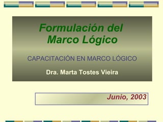 Formulación del
   Marco Lógico
CAPACITACIÓN EN MARCO LÓGICO

    Dra. Marta Tostes Vieira


                        Junio, 2003
 