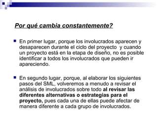 Por qué cambia constantemente?
 En primer lugar, porque los involucrados aparecen y
desaparecen durante el ciclo del proyecto y cuando
un proyecto está en la etapa de diseño, no es posible
identificar a todos los involucrados que pueden ir
apareciendo.
 En segundo lugar, porque, al elaborar los siguientes
pasos del SML, volveremos a menudo a revisar el
análisis de involucrados sobre todo al revisar las
diferentes alternativas o estrategias para el
proyecto, pues cada una de ellas puede afectar de
manera diferente a cada grupo de involucrados.
 