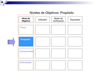 Medio de
Verificación
SupuestosIndicador
Fines
Propósito
Componentes
Actividades
Niveles de Objetivos: Propósito
Nivel de
Objetivo
Sostenibilidad
 