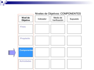 Medio de
Verificación
SupuestoIndicador
Fines
Propósito
Componentes
Actividades
Niveles de Objetivos: COMPONENTES
Nivel de
Objetivo
Sostenibilidad
 