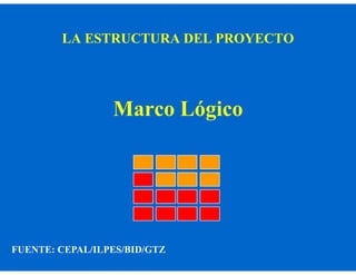 LA ESTRUCTURA DEL PROYECTO

Marco Lógico

FUENTE: CEPAL/ILPES/BID/GTZ

 